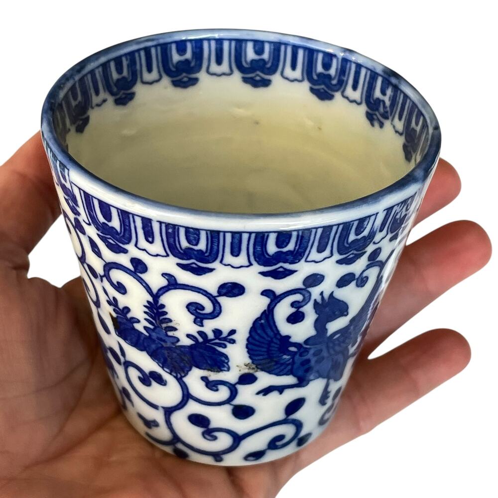 Phoenix Bird Japanese Custard Cup Flying Cobalt Blue Porcelain Pottery READ